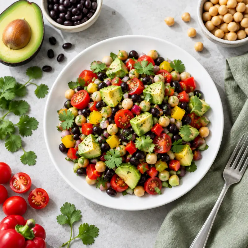 Black Bean, Chickpea & Avocado Salad with Bell Pepper & Tomatoes, plated