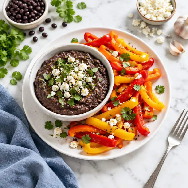 Black Bean Dip with Feta & Bell Pepper "Chips", plated