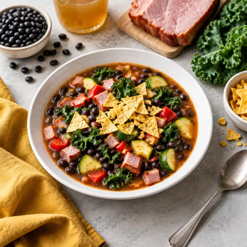 Black Bean-Ham Soup with Zucchini, Kale, Red Peppers & Tortilla Chips, plated