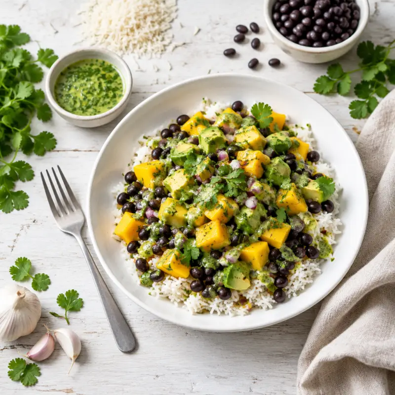 Black Bean & Mango Rice Bowl with Cilantro Vinaigrette, plated