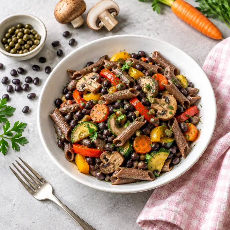 Black Bean Penne Pasta with Mixed Vegetables, plated