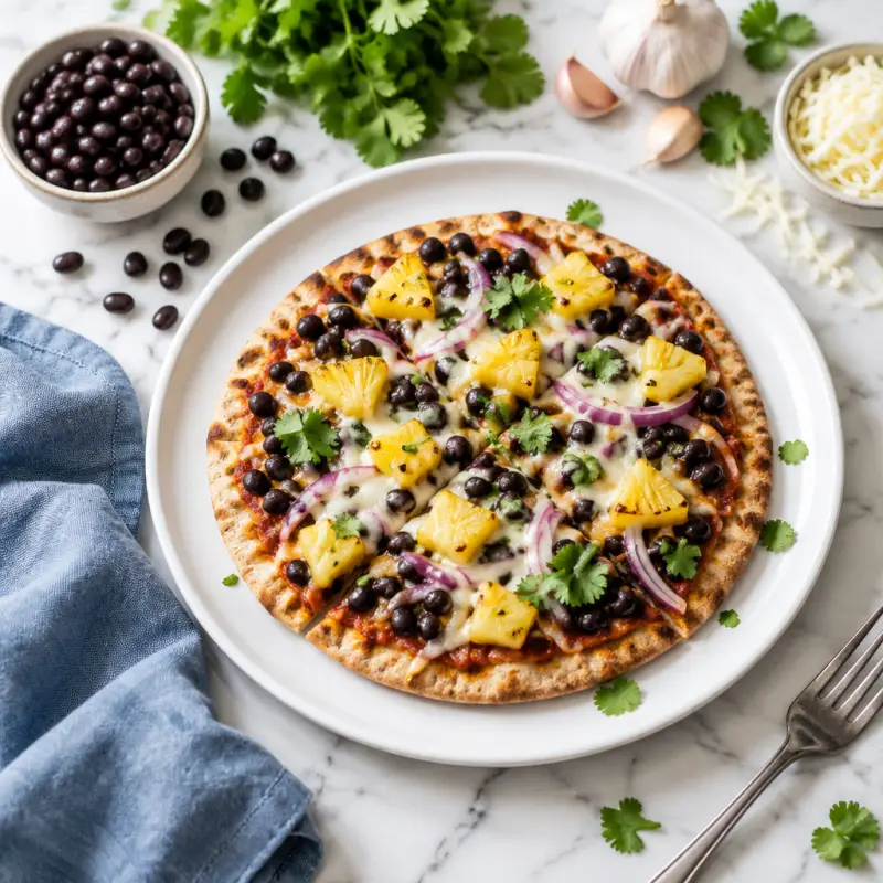 Black Bean & Pineapple Hawaiian Pita Pizza, plated