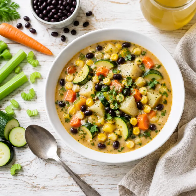 Black Bean, Potato, Zucchini & Corn Soup in Creamy Coconut Broth, plated
