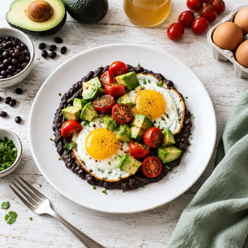 Black Bean Purée & Fried Eggs with Avocado & Grape Tomatoes, plated