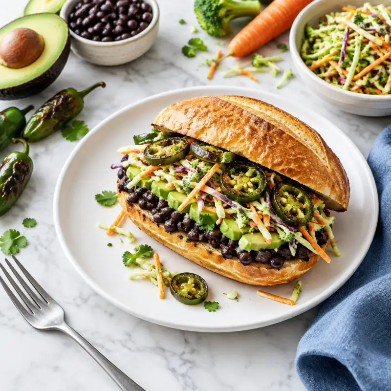 Black Bean Sandwich (Torta) with Blistered Jalapeños & Broccoli Slaw, plated