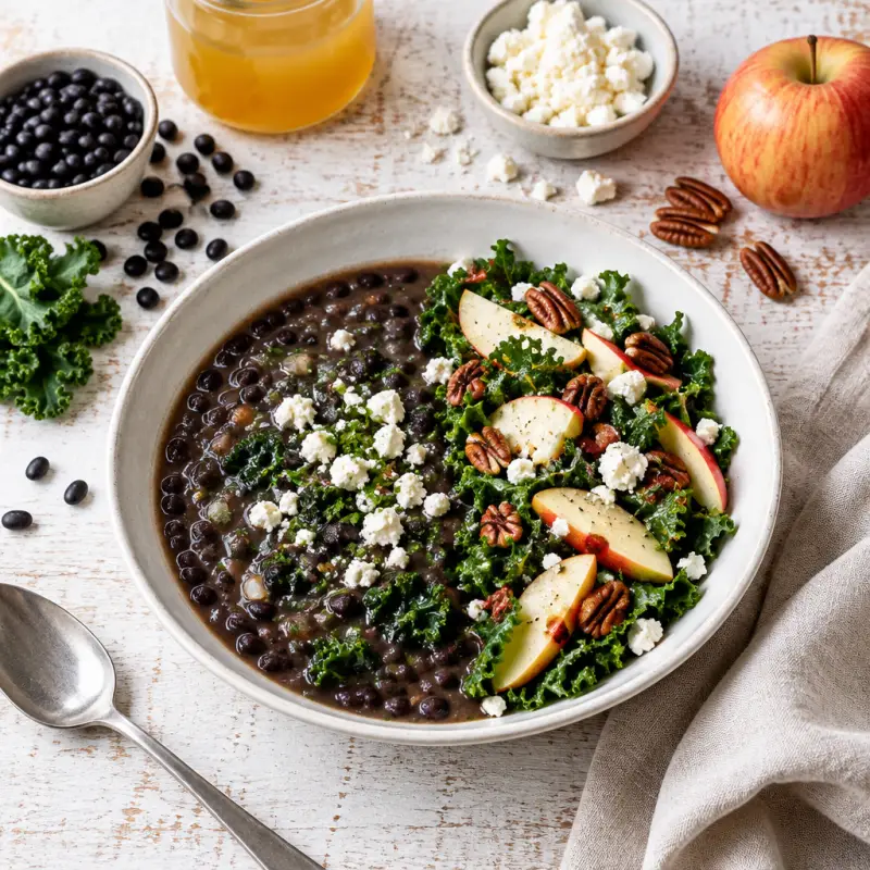 Black Bean Soup with Feta & Kale, Apple & Pecan Salad, plated