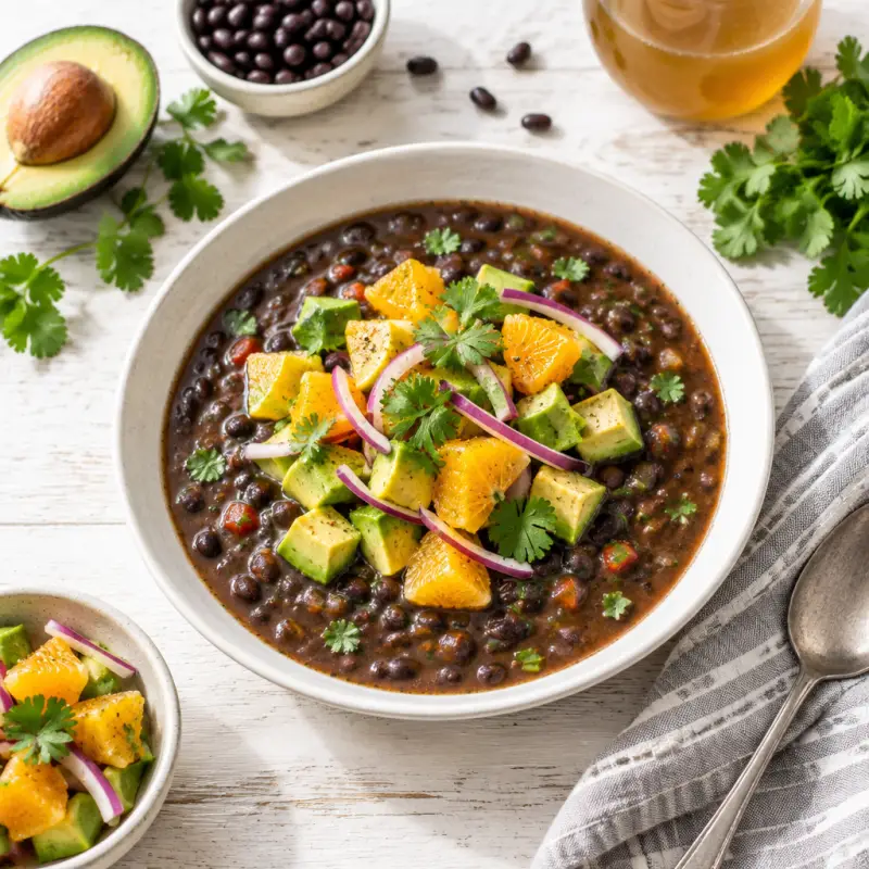 Black Bean Soup with Orange, Avocado & Red Onion Salad, plated