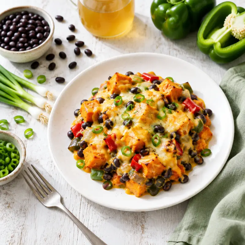 Black Bean, Sweet Potato, Bell Pepper & Onion Bake with Cheese Sauce, plated