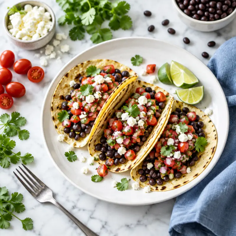 Black Bean Tacos with Pico de Gallo & Feta, plated