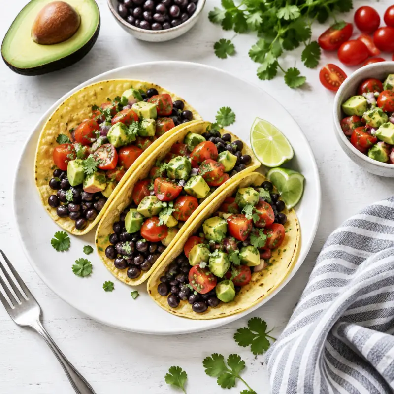 Black Bean Tacos with Tomato & Avocado Salsa, plated