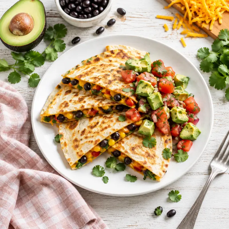 Black Bean & Veggie Quesadillas with Tomato & Avocado Salsa, plated