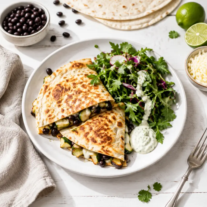 Black Bean-Zucchini Quesadilla with Zingy Greens & Lime Crema, plated