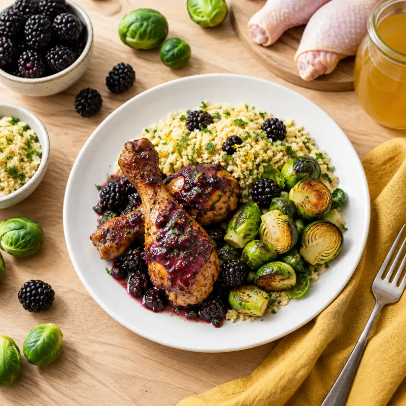 Blackberry Glazed Drumsticks with Couscous & Roasted Brussels Sprouts, plated