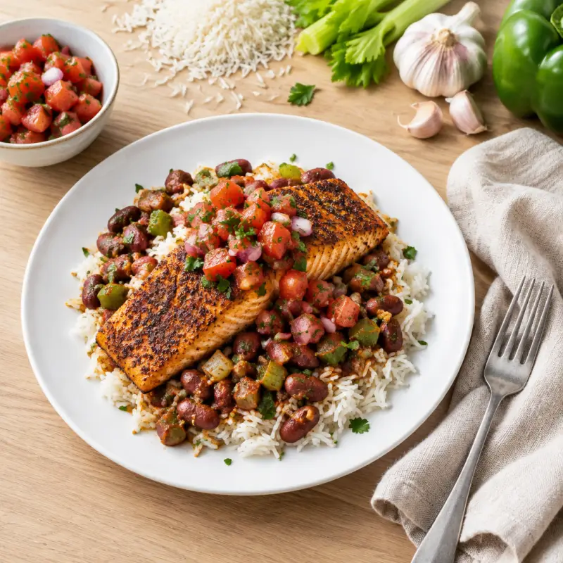 Blackened Salmon with Cajun-Spiced Beans, Rice & Tomato Relish, plated