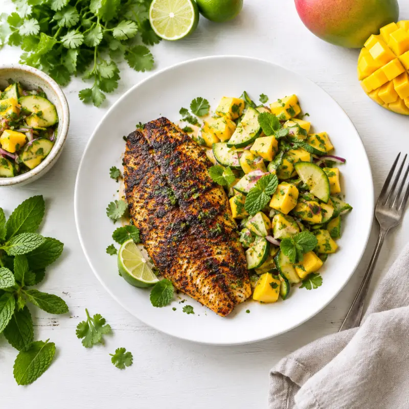 Blackened Tilapia with Minty Zucchini Mango Salad, plated