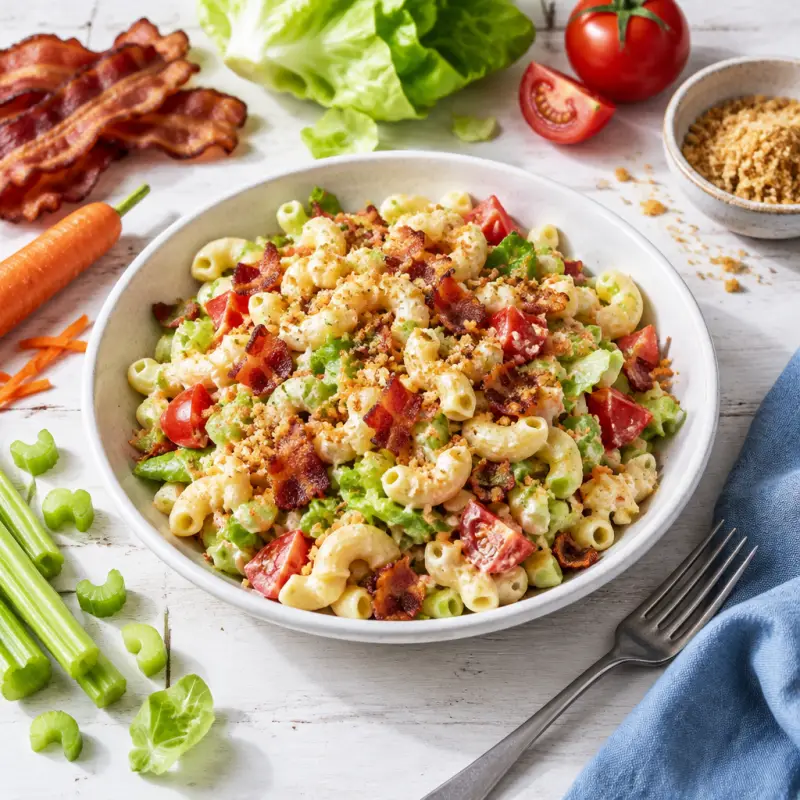 "BLT" Macaroni Salad with Crispy Bacon, Tomato, Lettuce & Bread Crumbs, plated
