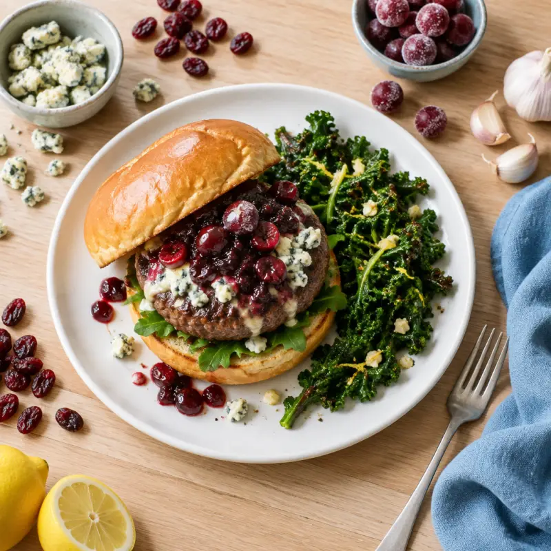 Blue Cheese Burger with Cherry-Cranberry Sauce & Lemony Kale, plated