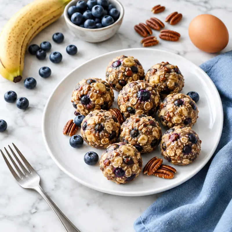 Blueberry, Banana & Pecan Oatmeal Protein Bites, plated