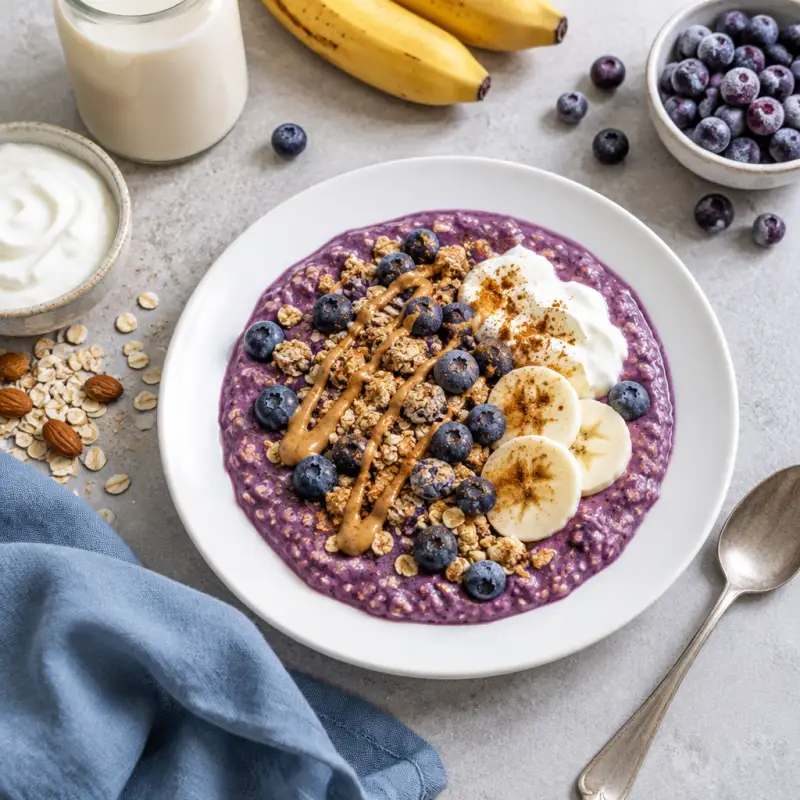Blueberry Crumble Smoothie with Oats, Almond Butter & Cinnamon, plated