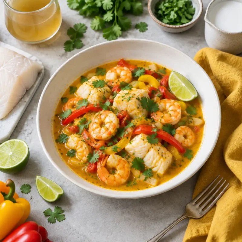 Brazilian Seafood Stew (Moqueca) with Shrimp, Cod, Bell Pepper & Lime, plated