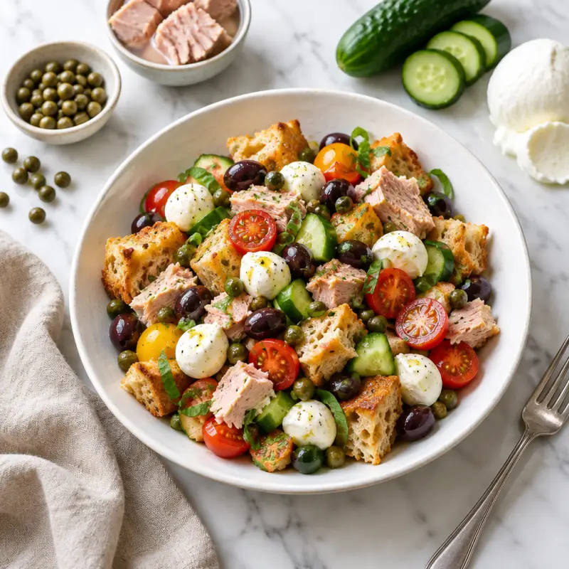 Bread Salad (Panzanella) with Tuna, Tomatoes, Mozzarella & Olives, plated
