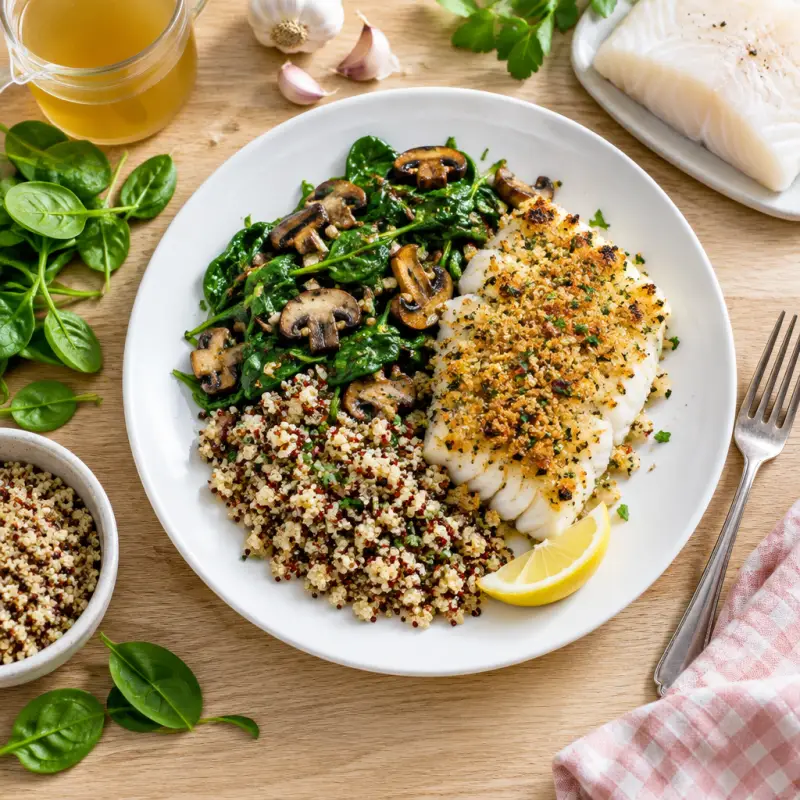 Breadcrumb-Crusted Halibut with Mushroom-Spinach Sauté & Quinoa, plated
