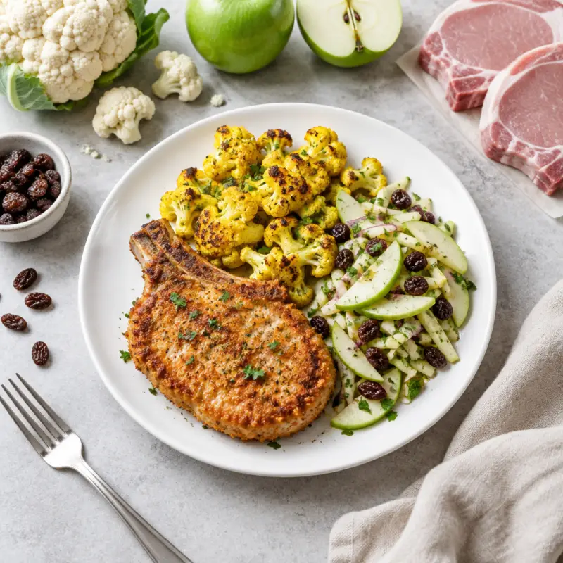 Breaded Pork Chop with Curry Roasted Cauliflower & Apple-Raisin Salad, plated