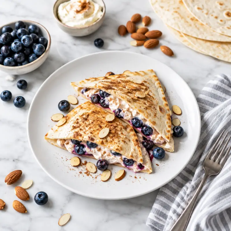 Breakfast Quesadilla with Cinnamon Cream Cheese, Blueberries & Almonds, plated