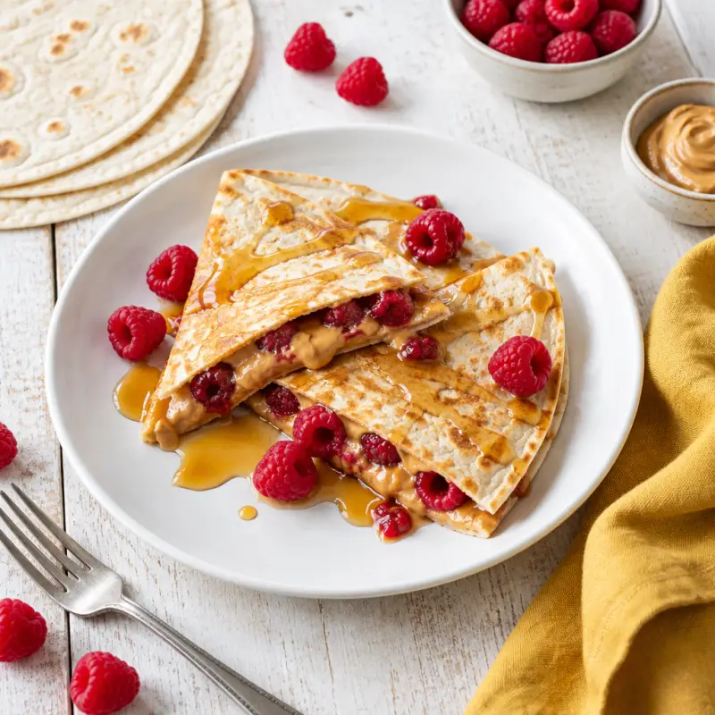 Breakfast Quesadilla with Peanut Butter, Raspberries & Maple Syrup, plated