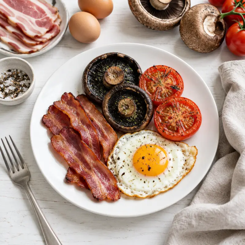British-Style Breakfast with Bacon, Fried Egg, Portobello & Tomato, plated