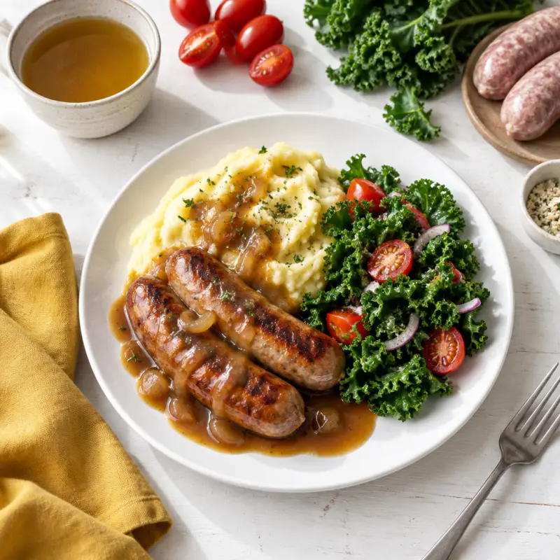 British-Style Sausage with Mashed Potatoes, Onion Gravy & Kale Salad, plated