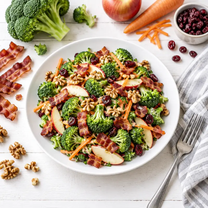 Broccoli, Apple & Bacon Salad with Walnuts, plated