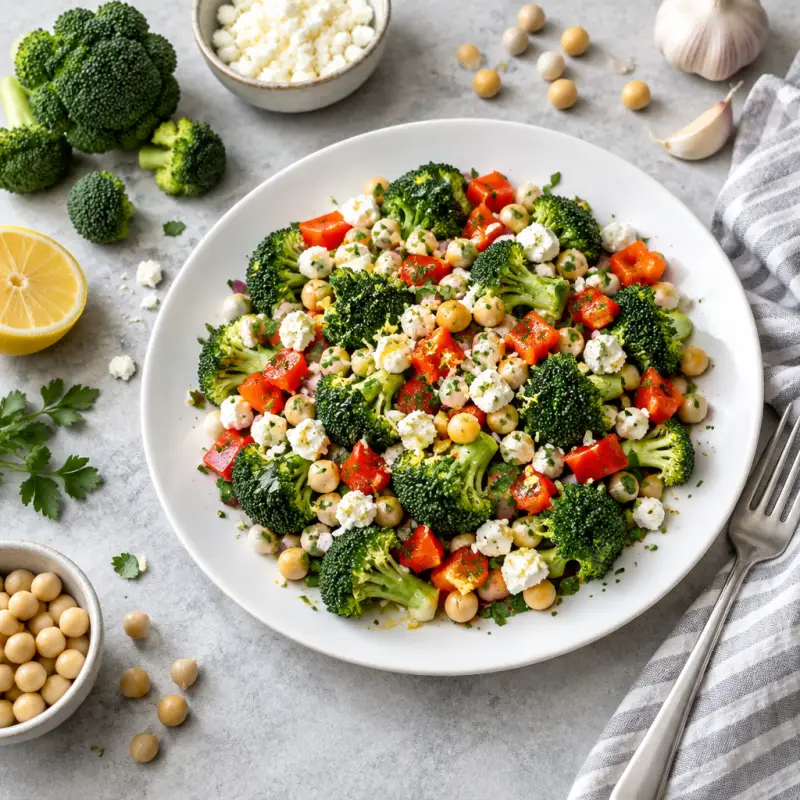 Broccoli, Bell Pepper & Chickpea Salad with Feta & Zesty Lemon Dressing, plated