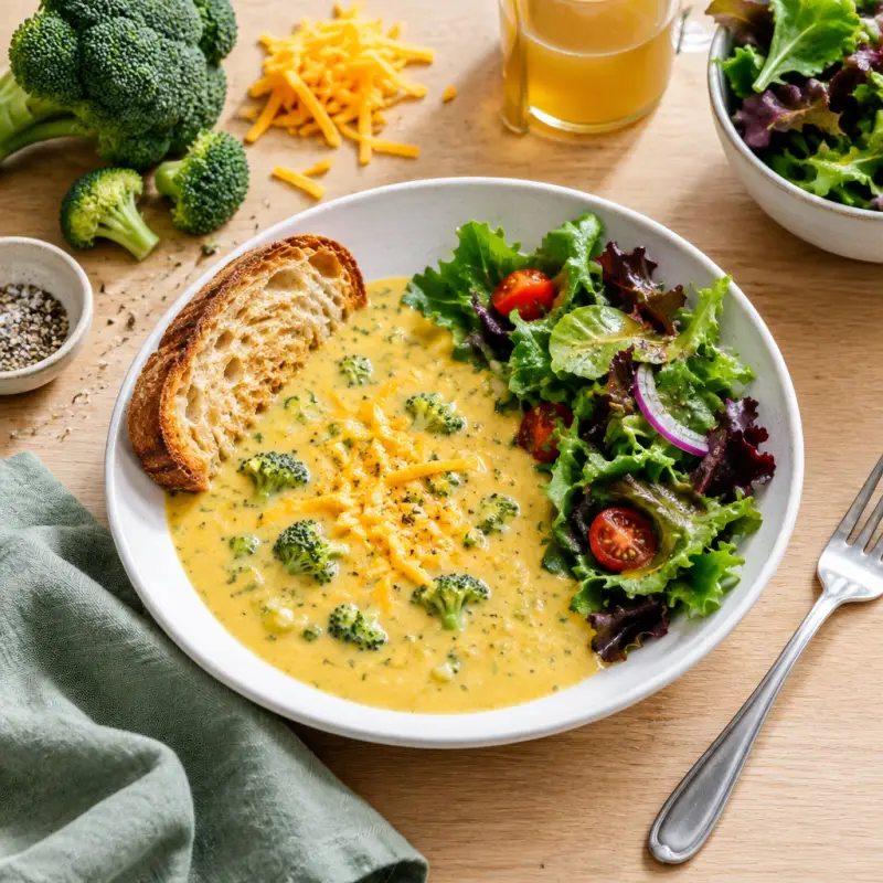 Broccoli Cheddar Soup with Toast & Mixed Greens Salad, plated
