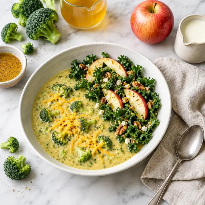 Broccoli-Cheese Soup with Honey Mustard Kale & Apple Salad, plated