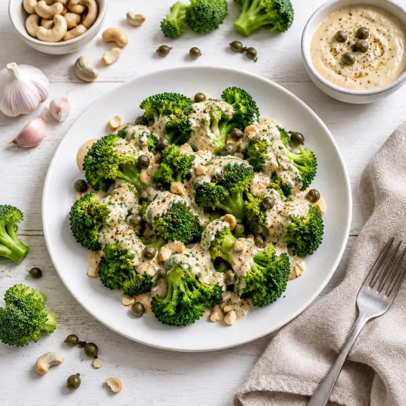 Broccoli Florets with Vegan Cashew "Caesar" Dip, plated