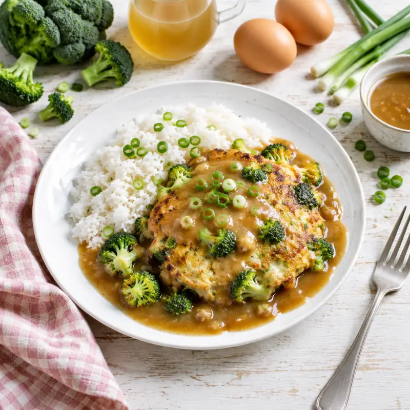 Broccoli Pork Egg Fu Young with Steamed Rice & Gravy, plated