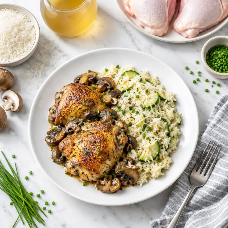 Broiled Chicken Thighs & Mushrooms with Creamy Zucchini-Parmesan Rice, plated