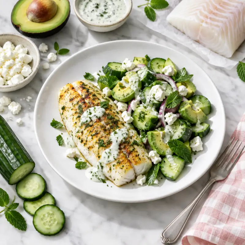 Broiled Greek Cod & Avocado Cucumber Salad with Feta-Mint Dressing, plated