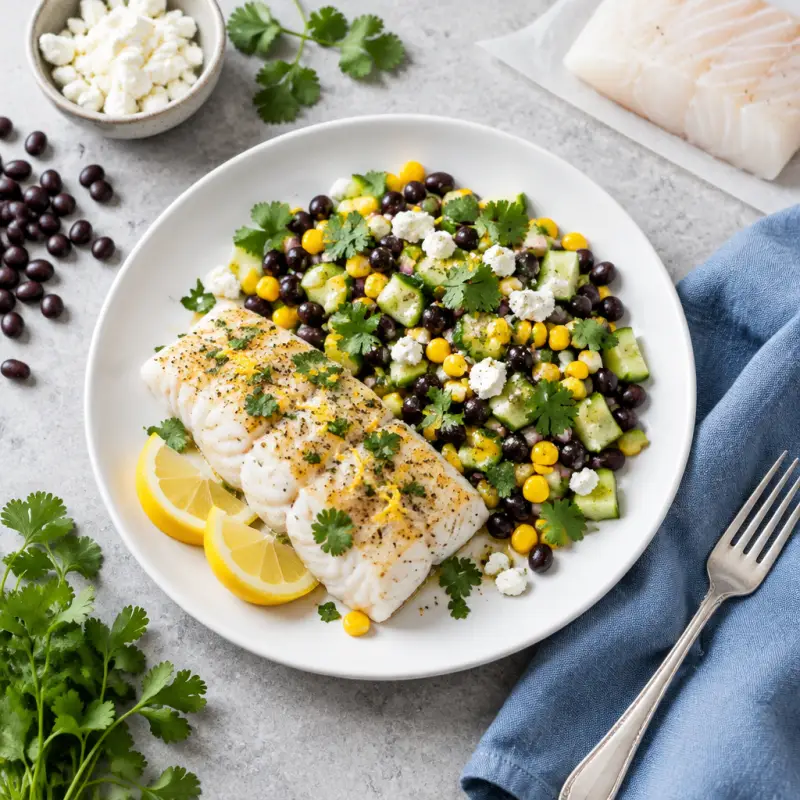 Broiled Lemon Cod with Bean, Corn, Cucumber, Cilantro & Feta Salad, plated