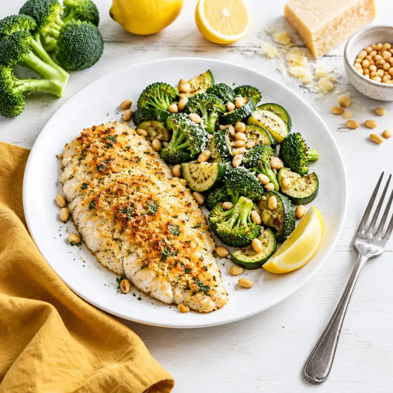 Broiled Parmesan Tilapia with Sautéed Broccoli, Zucchini & Pine Nuts, plated