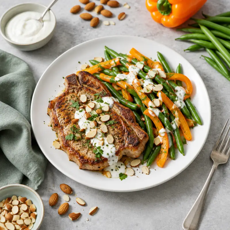 Broiled Pork Chop with Green Beans, Peppers, Tahini Yogurt & Almonds, plated