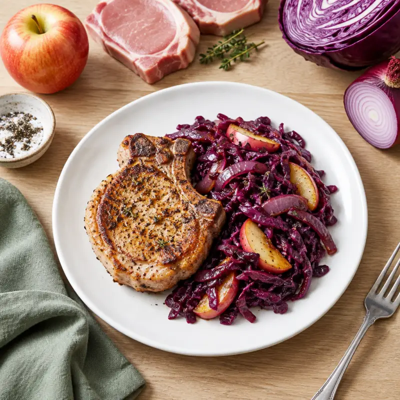 Broiled Pork Chops with Sautéed Red Cabbage, plated