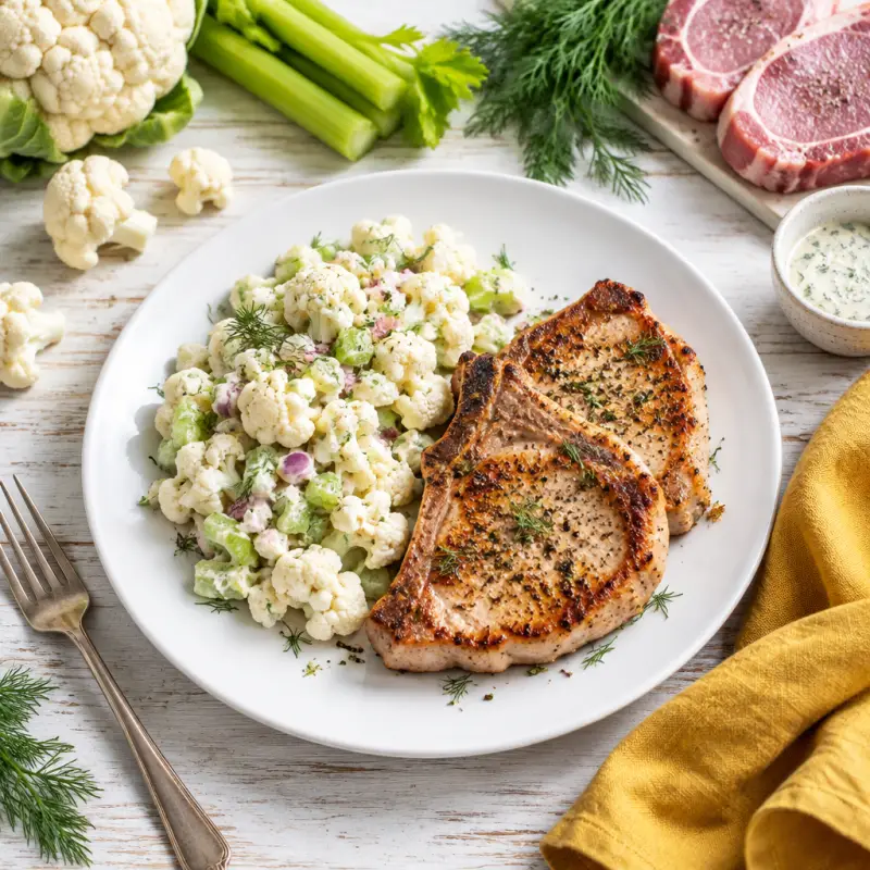 Broiled Salt & Pepper Pork Chops with Cauliflower "Potato Salad", plated