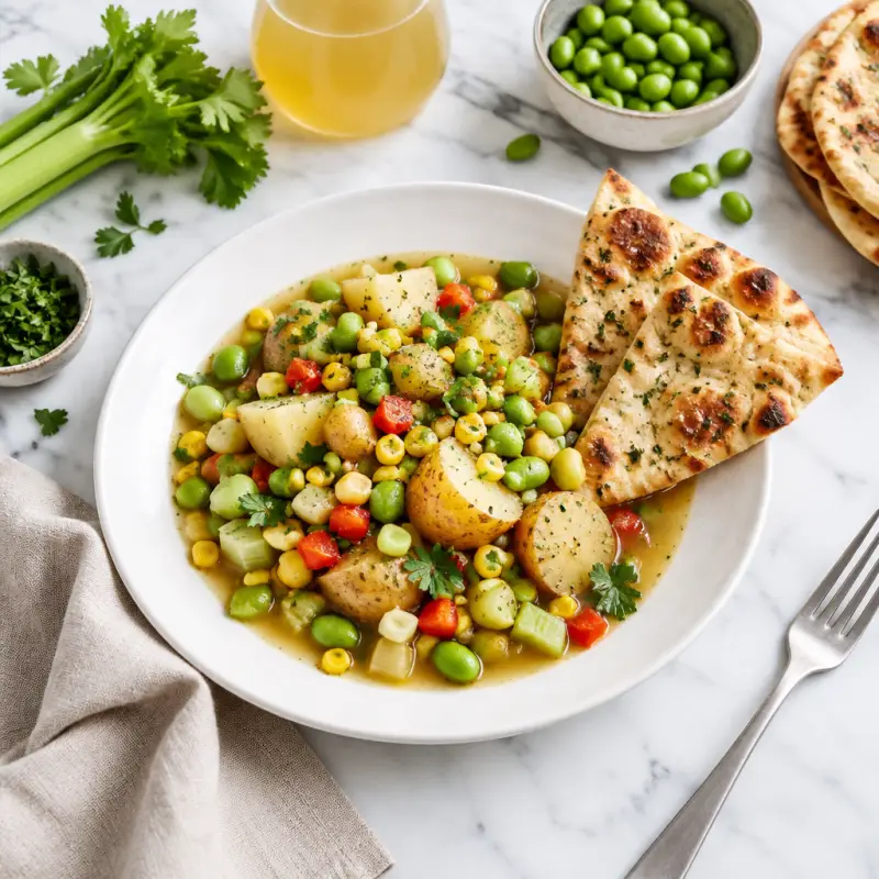 Brothy Vegetarian Edamame & Potato Succotash with Toasted Flatbread, plated
