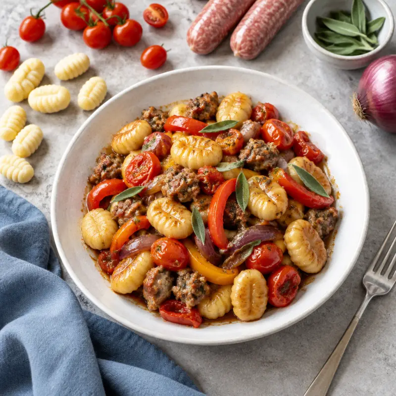 Brown Sugar-Sage Gnocchi Bake with Sausage, Peppers, Tomatoes & Onion, plated
