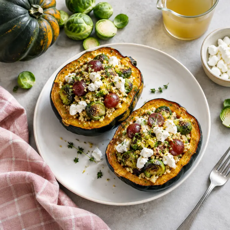 Brussels Sprout, Grape, Couscous & Goat Cheese Stuffed Acorn Squash, plated