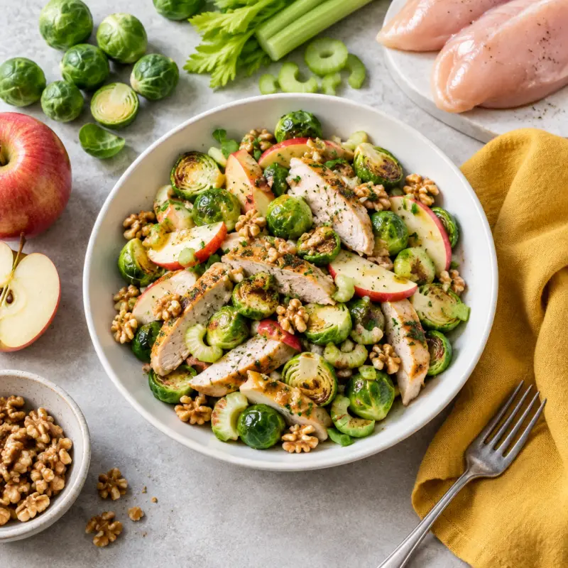 Brussels Sprout Salad with Roasted Chicken, Crisp Apple & Walnuts, plated