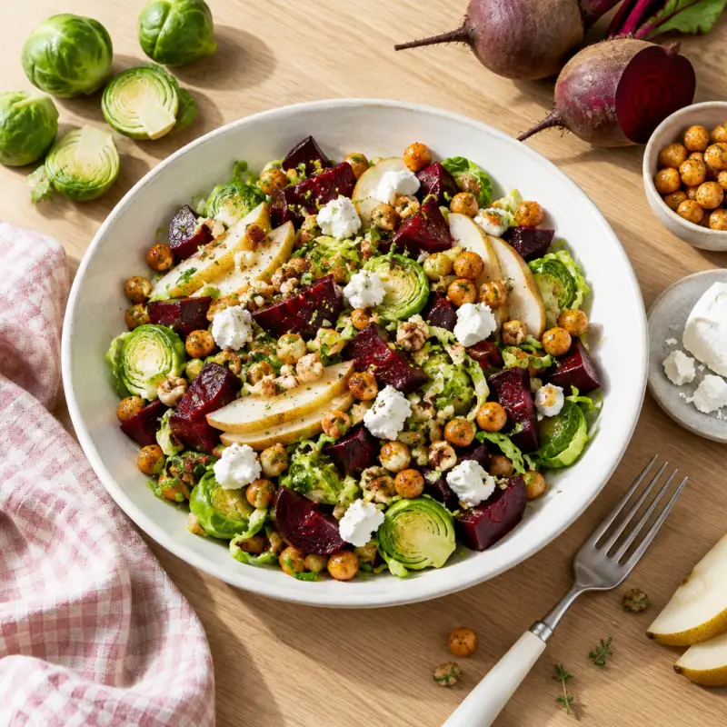 Brussels Sprout Salad with Warm Chickpeas, Beet, Pear & Goat Cheese, plated