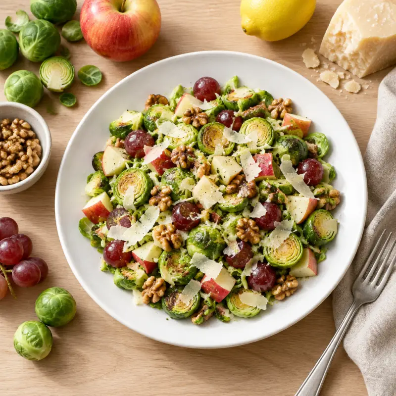 Brussels Sprouts, Grape & Apple Salad with Walnuts & Parmesan, plated
